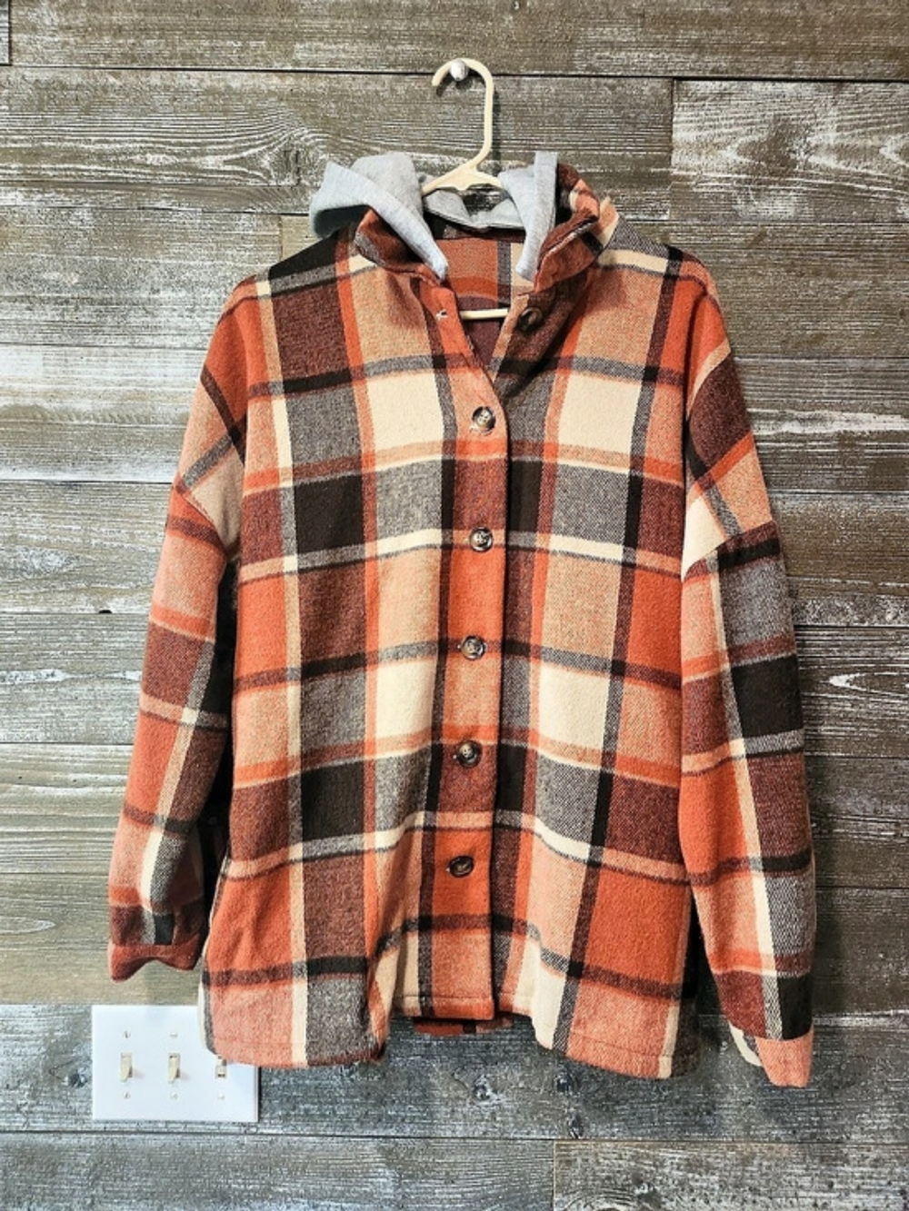 Plaid Hooded Jacket in Orange & Brown Size Large